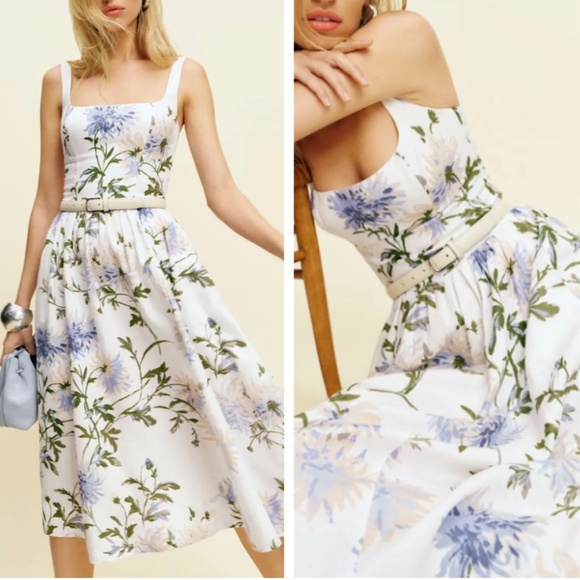 NEW Reformation Janu Linen Midi Dress - Serenity White Blue Floral Spring Thing